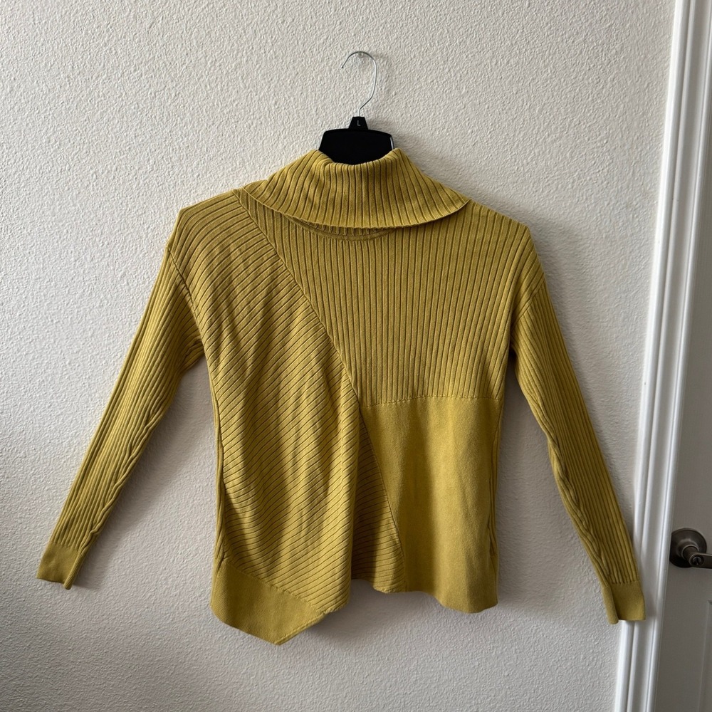Cabi Happy Pullover Sweater S Chartreuse Ribbed Asymmetric Cowl Neck Avant-Garde